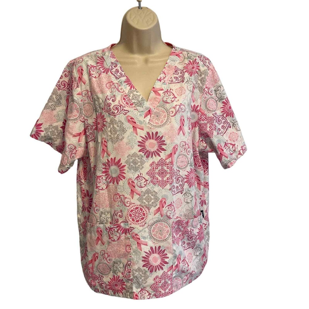 Tafford Uniforms Breast Cancer‎ Awareness Scrub Top Pink Ribbon Floral Medium